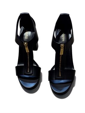 Michael Kors Black Leather T-Strap Heels with Gold Zipper Accents